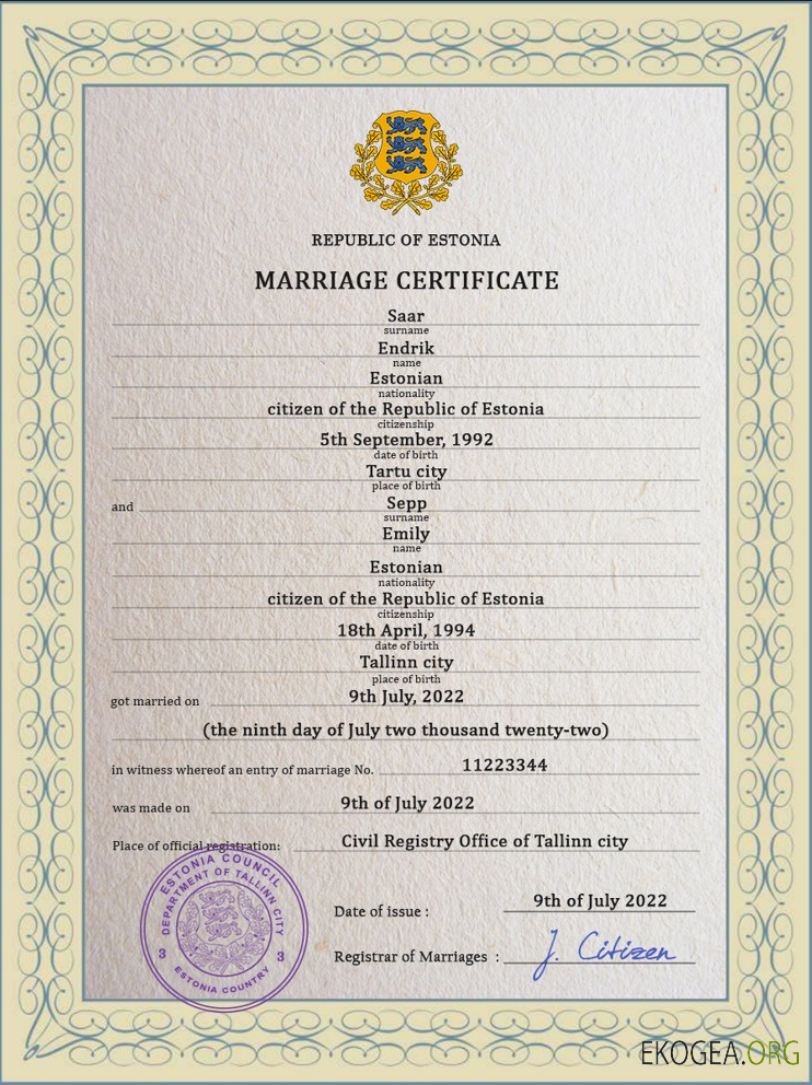 Modèle PSD de certificat de mariage estonien